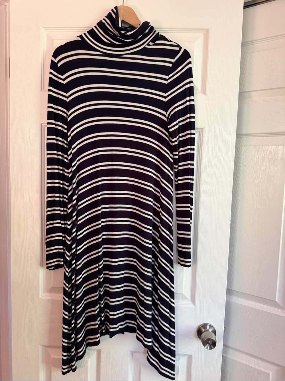 Maeve Navy & White Striped Turtleneck Long-Sleeve Dress